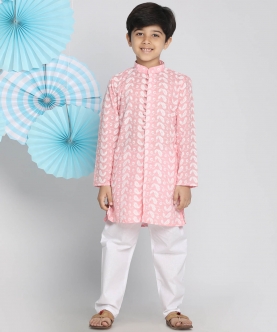 Vastramay Boys Pink And White Chikankari Kurta Pyjama Set