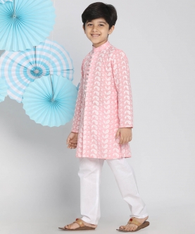 Vastramay Boys Pink And White Chikankari Kurta Pyjama Set