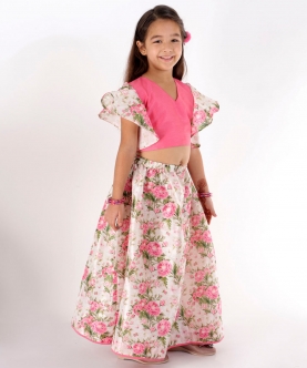 Vastramay Girls Printed Silk Blend Ruffled Crop Top And Skirt Set