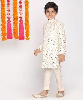 VASTRAMAY Boys Cream and White Royal Mirror Work Classy Indowestern Sherwani With Pant Style Pyjama