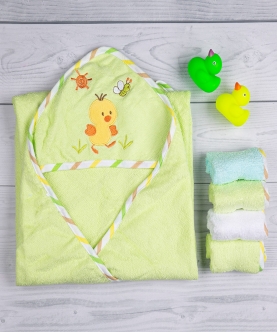 Baby Moo Chick Green Applique Hooded Towel & Wash Cloth Set