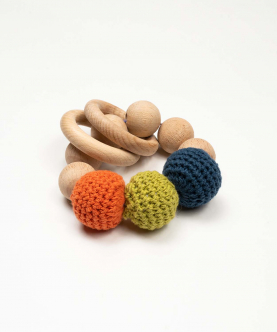Wooden Rattle Cum Teether With Crochet Balls