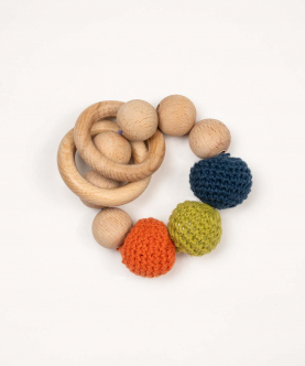 Wooden Rattle Cum Teether With Crochet Balls