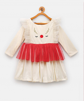 White And Red Net Reindeer Dress With Matching Facemask