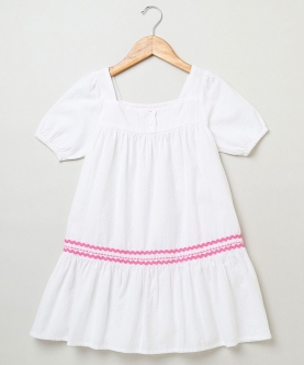 White Cotton Seersucker Dress With Pink Lace Embroidery