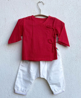 Whitewater Kids Unisex Organic Red Angrakha White Pants