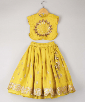 Yellow Flower Sequin Work Top With Embroidered Lehenga