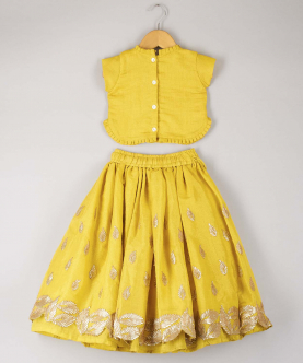 Yellow Flower Sequin Work Top With Embroidered Lehenga