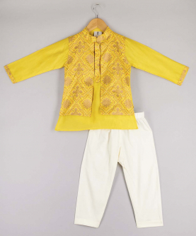 Yellow Kurta With Attached Thread Work Jacket And Pyjama