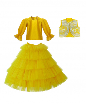 Yellow Leather Applique Koti with Frill Skirt Set