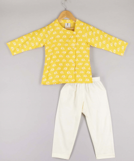 Yellow Printed Angrakha Style Kurta With Pyjama