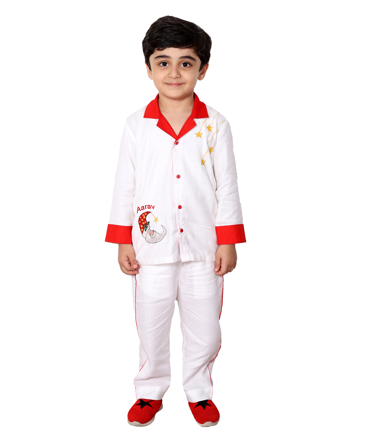 White Nightsuit With Red Color Detailing